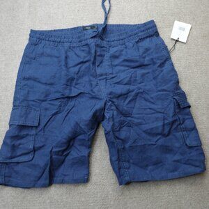 Onia Shorts XL Blue Solid 100% Linen Cargo Pull On Drawstring Stretch Waist NEW